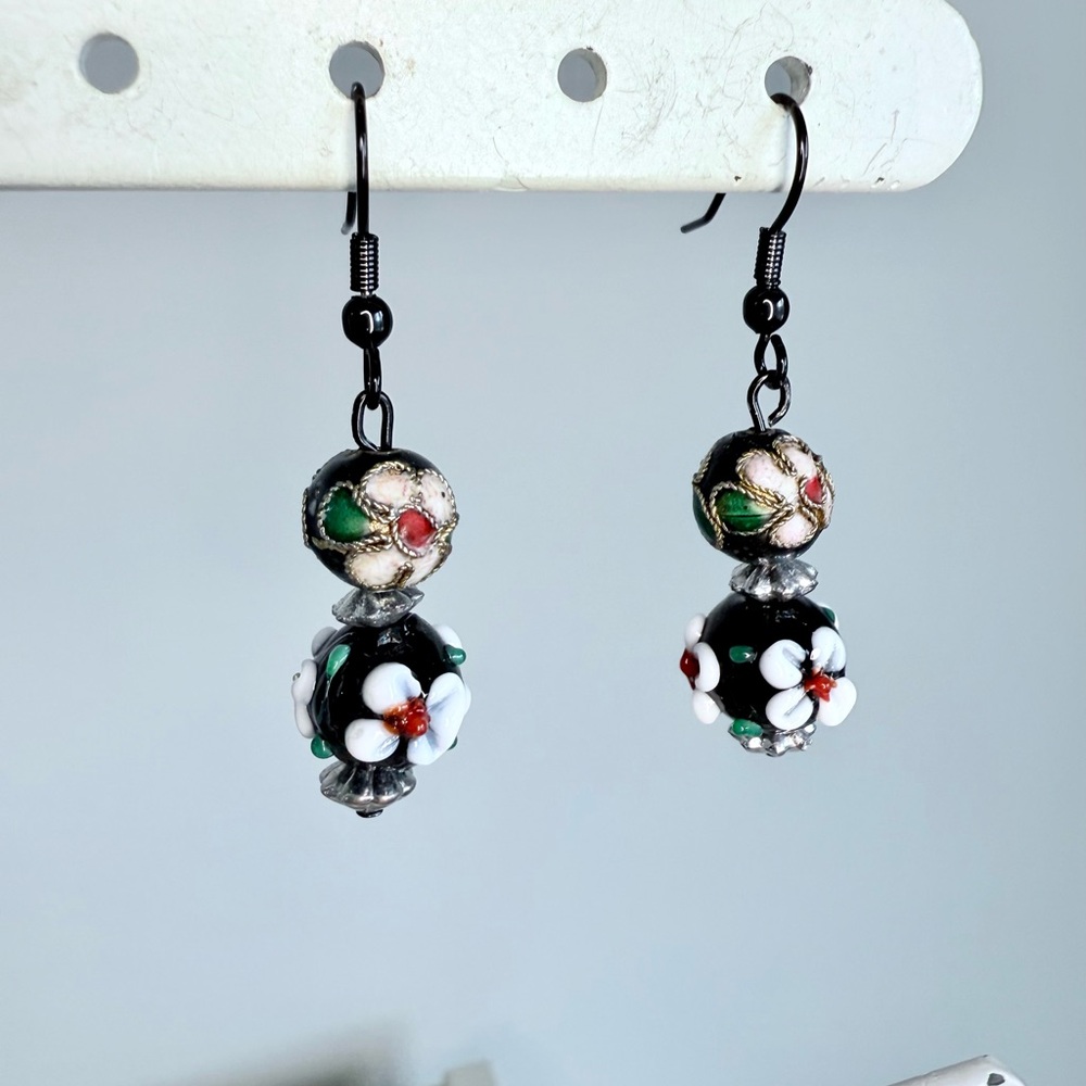Black lampwork and cloisonné earrings